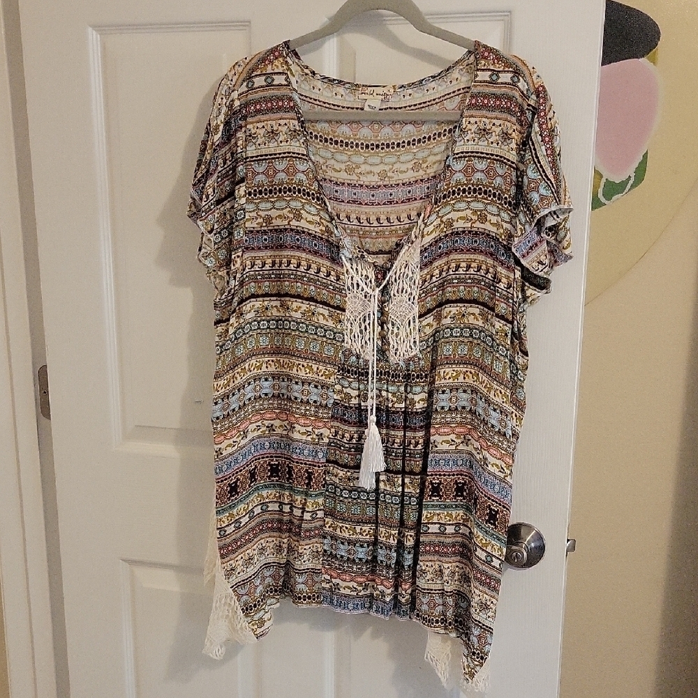 world unity boho pattern with lace tassel tie chest sides Women's Blouse SzXL